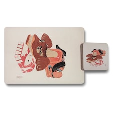 Set Of 12 Placemats And Coasters With Designer Artwork And Wood Bottom 11x8