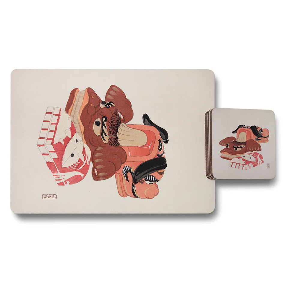 image 1 of Set Of 12 Placemats And Coasters With Designer Artwork And Wood Bottom 11x8