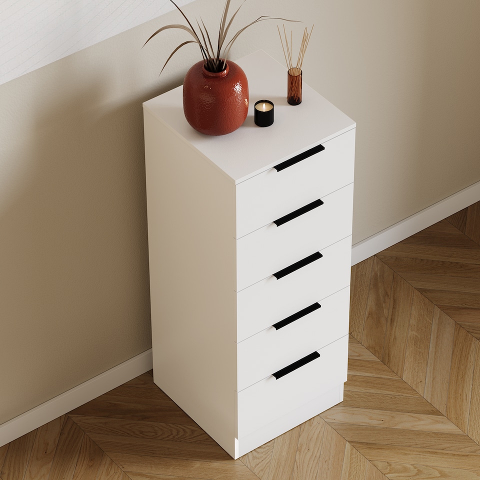 image 1 of Vida Designs Trega 5 Drawer Narrow Chest of Drawers Bedroom Storage Unit, (H) 90cm x (W) 34.5cm x (D) 36cm, White