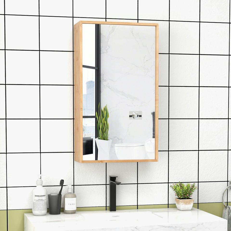 image 1 of COSTWAY Bathroom Medicine Cabinet Single Bamboo Storage Brown