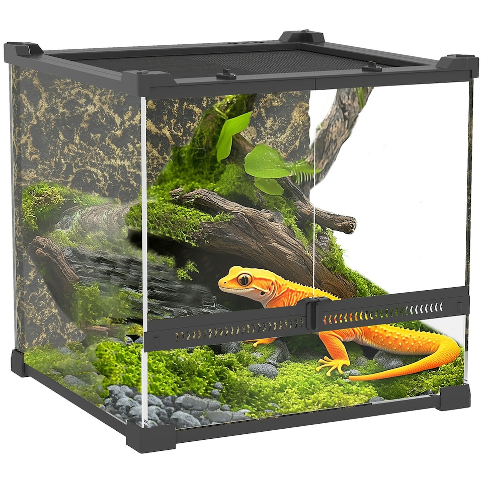 image 1 of PawHut 24L Glass Terrarium, Reptile Vivarium with Stone Background, Black