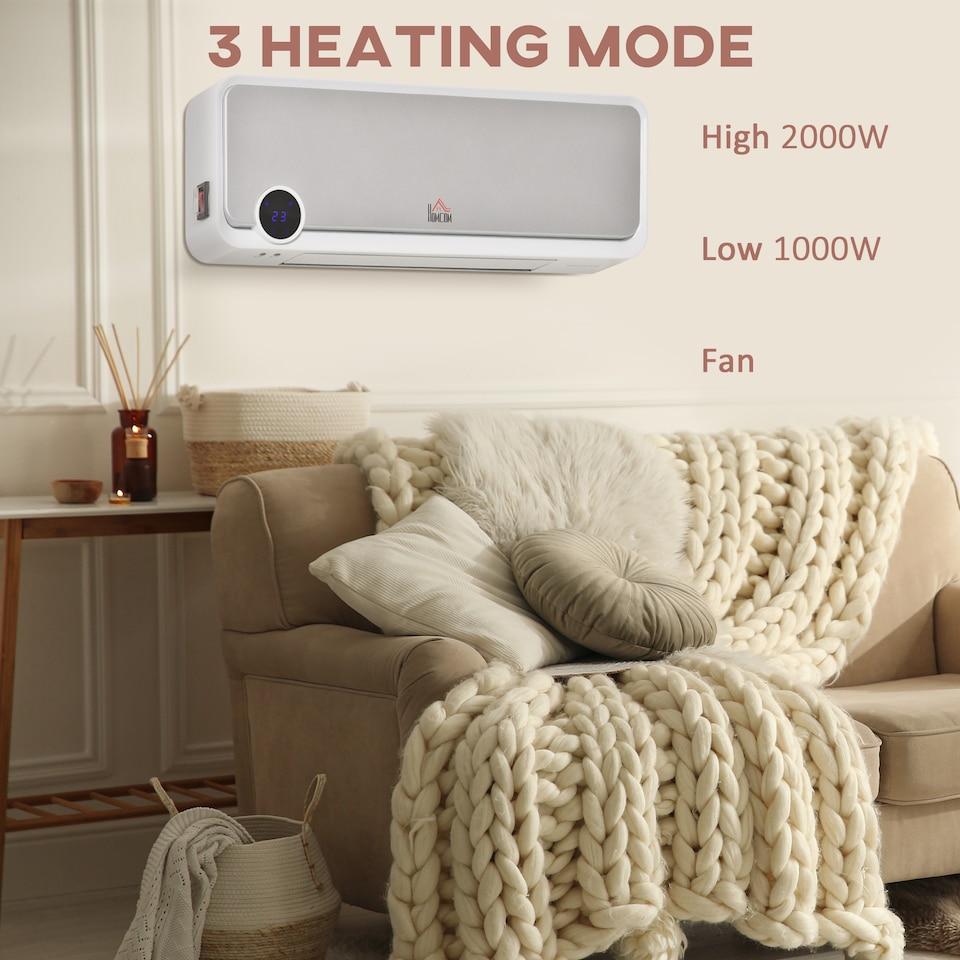 image 1 of HOMCOM Wall Downflow Heater 2 Heat and Fan 1000W2000W, Electric Space Heater with Timer Remote Oscillating, for Bedroom Home Office, White and Silver