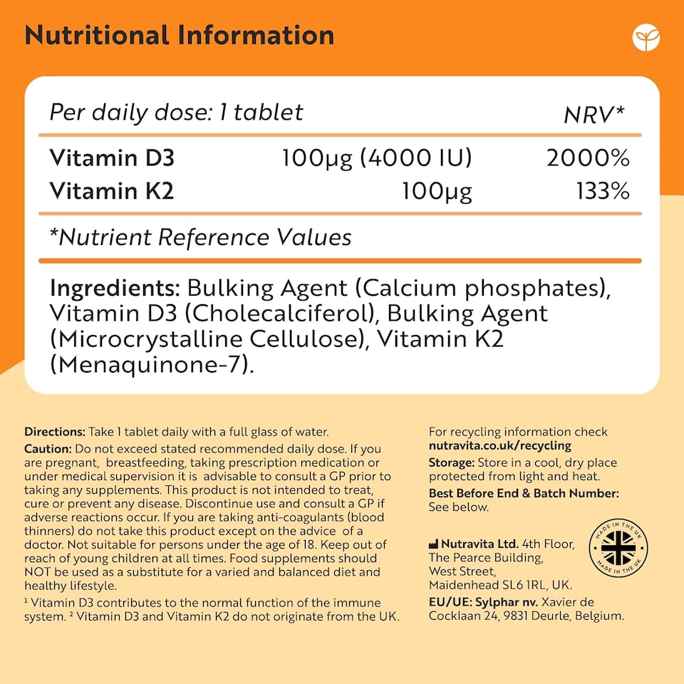 image 1 of Nutravita Vitamin D3 4000 iu & Vitamin K2 100mcg MK7 - High Strength Vitamin D Supplement for Bones, Muscles & Immune System - 180 Vegetarian Tablets