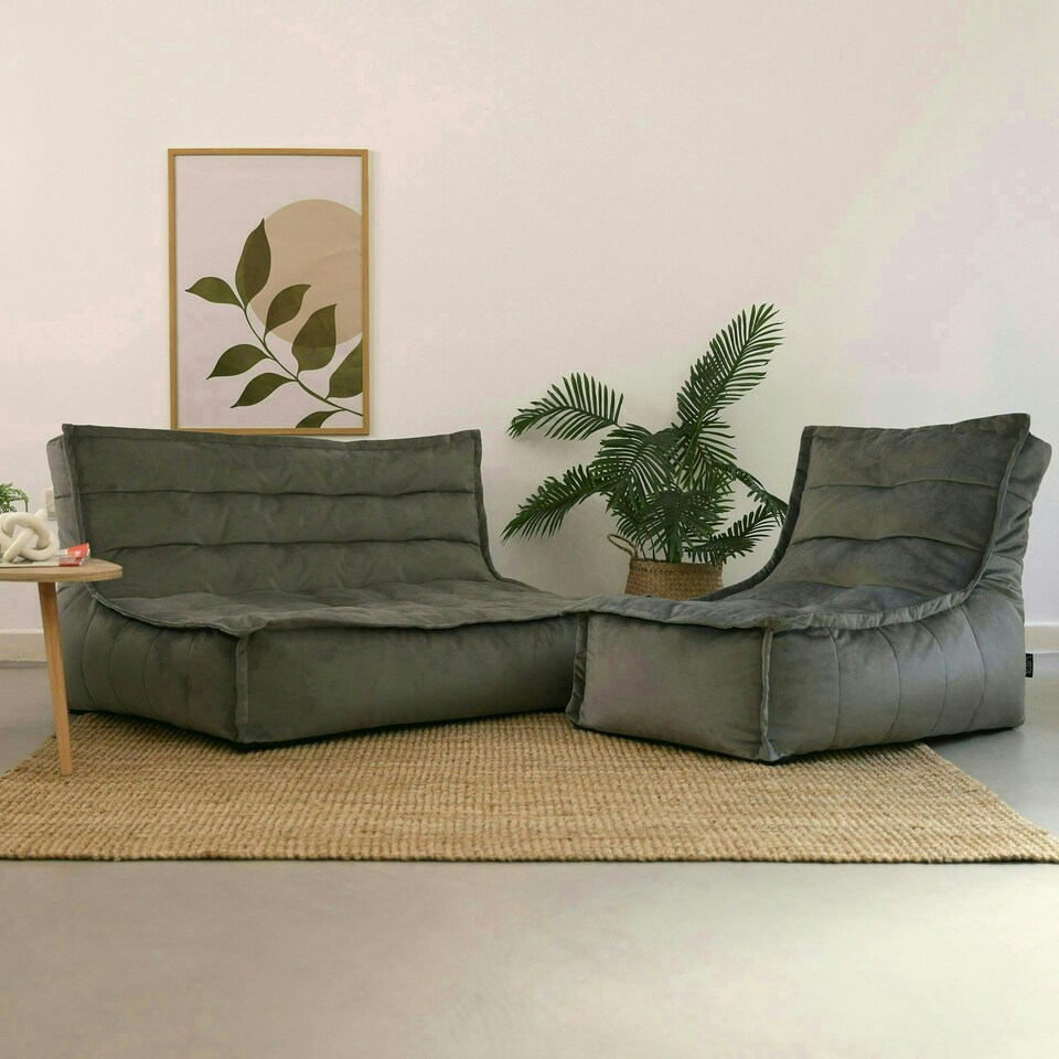 image 1 of icon Kota Velvet XL Bean Bag Sofa & Lounger Set Grey Bean Bag Chair Grey