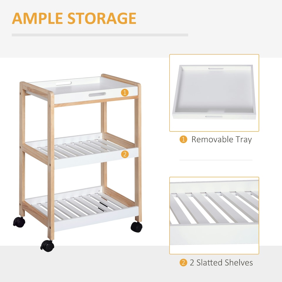 image 1 of HOMCOM Mobile Serving Trolley Kitchen Cart Pine Wood Rolling Wheels White