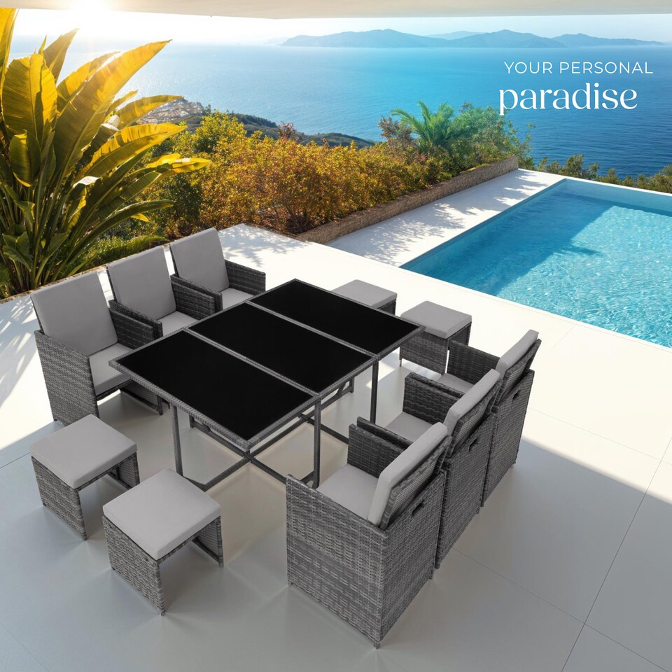 image 1 of Garden Table and Chairs Malaga - 10 seats with cushions, dining table, rain cover | Grey | grey | 53 x 53 x 87 cm | 1