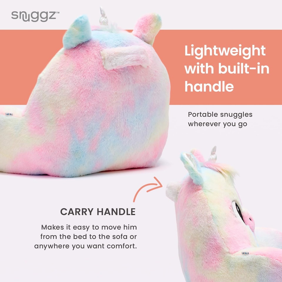 image 1 of Snuggz Unicorn Cuddle Cushion Reading Pillow with Carry Handle 3D Novelty Design Back Support Soft Cosy Bed Pillow - 60 x 40 x 35 cm