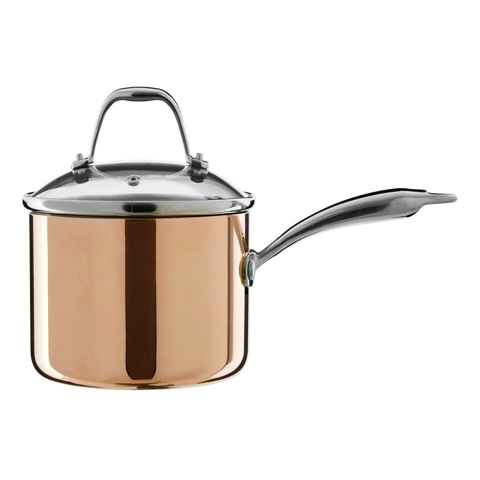 image 1 of Interiors By Premier 18cm Copper Finish Saucepan, Pan With Glass Lid, Tri-Ply Pan Saucepan With Steam Vent, Stylish Saucepan Gold