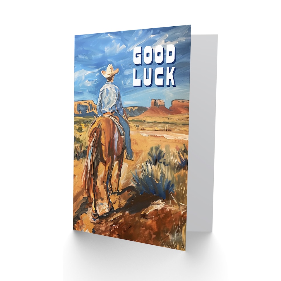 image 1 of Cowboy Riding Horse Arizona Wild West Landscape Good Luck Card