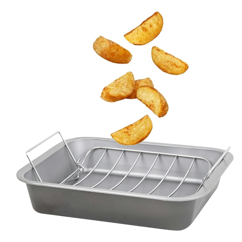 image 1 of 36cm Non-Stick Stainless Steel Curved Roasting Rack & Tray for Ovens Silver
