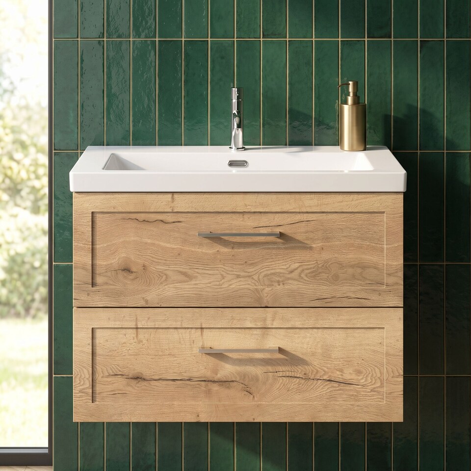 image 1 of Balterley Stonnall Traditional Wall Hung 2 Drawers Vanity Unit with 1 Tap Hole Fireclay Basin, 800mm, Autumn Oak