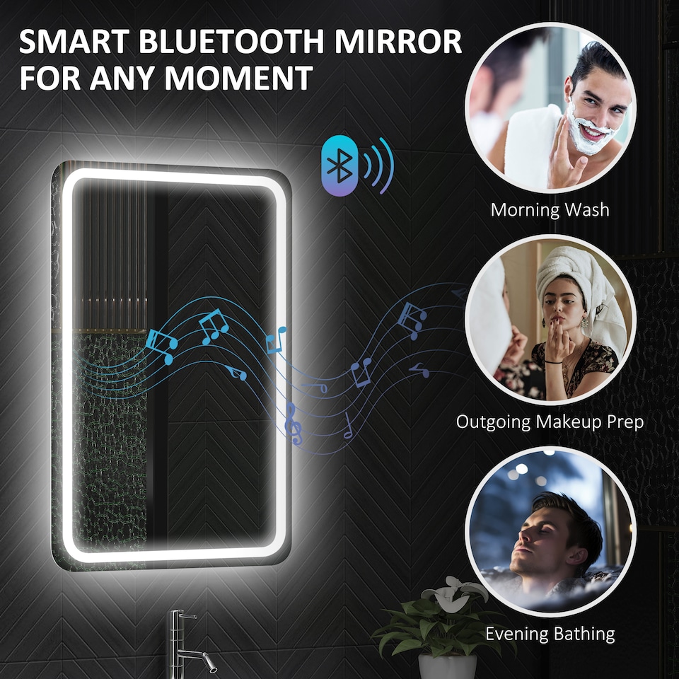 image 1 of HOMCOM 500 x 700 mm Bluetooth Bathroom Mirror with LED Lights, Illuminated Backlit Wall Mounted Vanity Mirror with 3 Colours Dimmable, Anti-Fog, Memory & Touch Switch, IP44