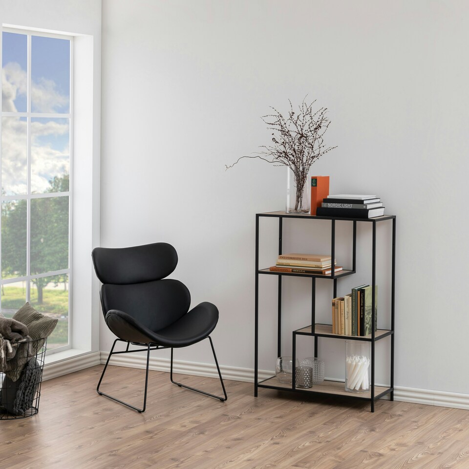 image 1 of Seaford Black Metal Asymmetrical Bookcase with 3 Oak Shelves