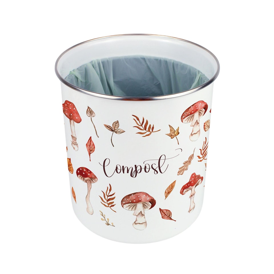image 1 of Watercolour Mushrooms Compost Caddy - Metal 2L Decorative Kitchen Food Waste Bin