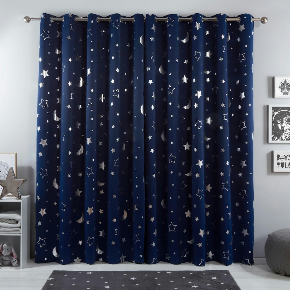 image 1 of OHS Galaxy Print Blackout Eyelet Curtains, 66x90" - Navy Blue
