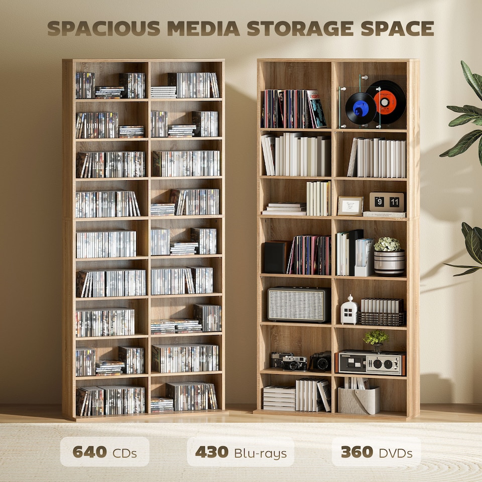 image 1 of HOMCOM 640 CD360 DVD Storage Unit, Blu-ray Media Storage Shelf with 18 Compartments and 14 Adjustable Shelves, CD Tower for Living Room, Bedroom, Office, Nature Wood Finish | Brown