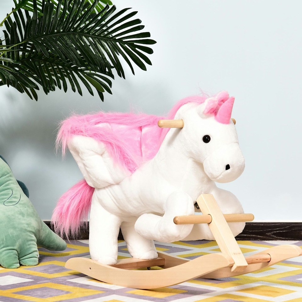 image 1 of HOMCOM Kids Wooden Ride On Unicorn Rocking Horse Plush Toy Soft Seat Pink