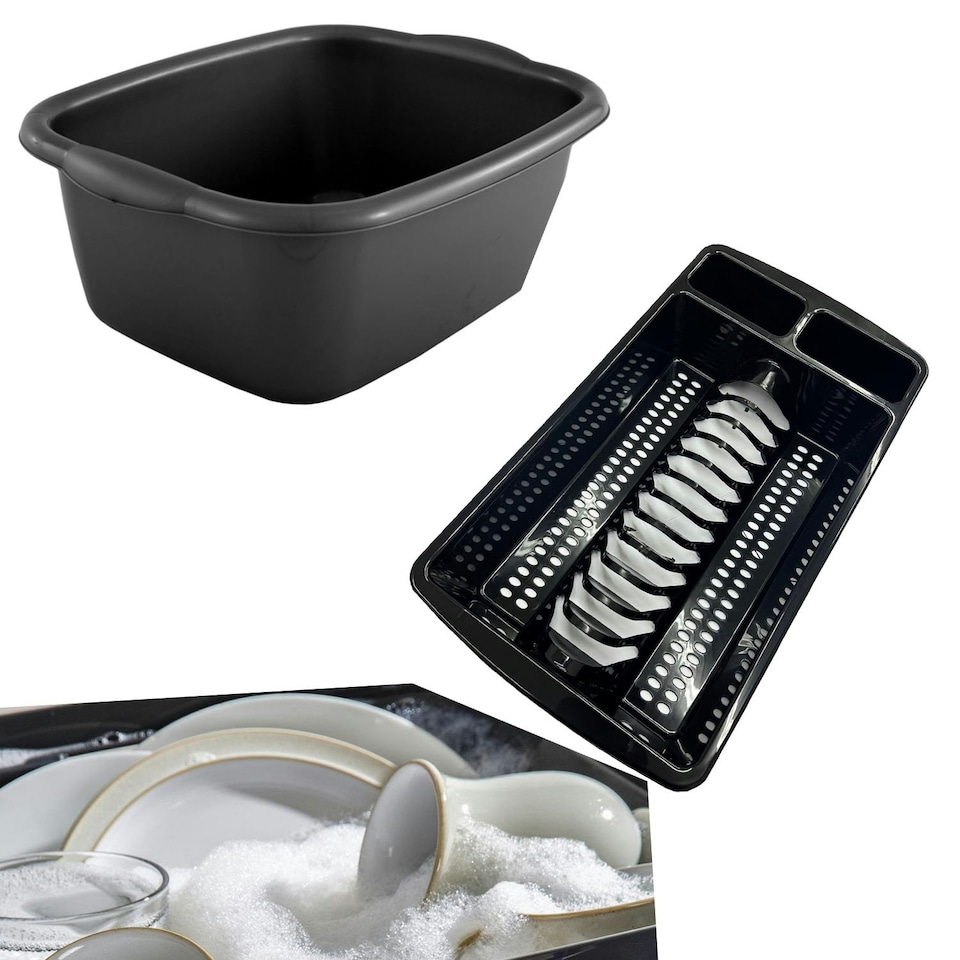 image 1 of Set Of Black Rectangular Washing Up Bowl & Dish Drainer Rack Kitchen Sink Utensil Holder Black