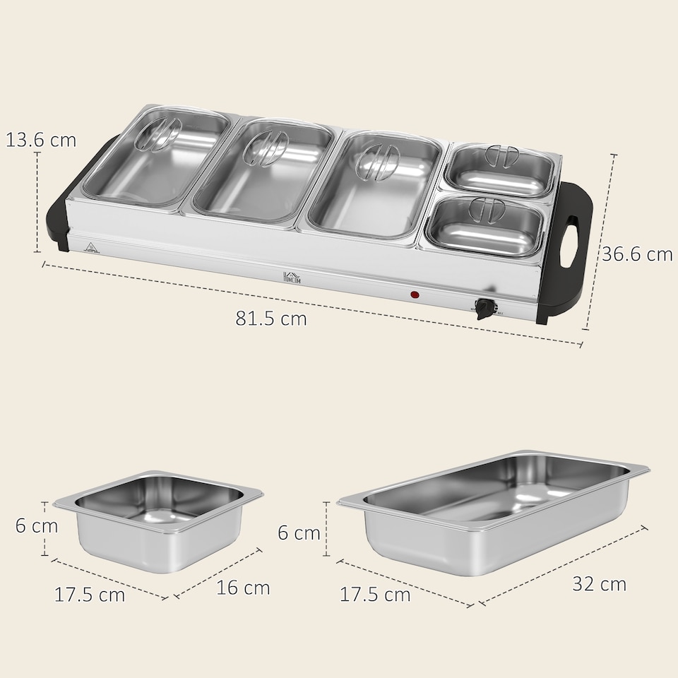 image 1 of HOMCOM Electric Food Warmer 5 Tray, 9.2L Buffet Server with Lids, Silver