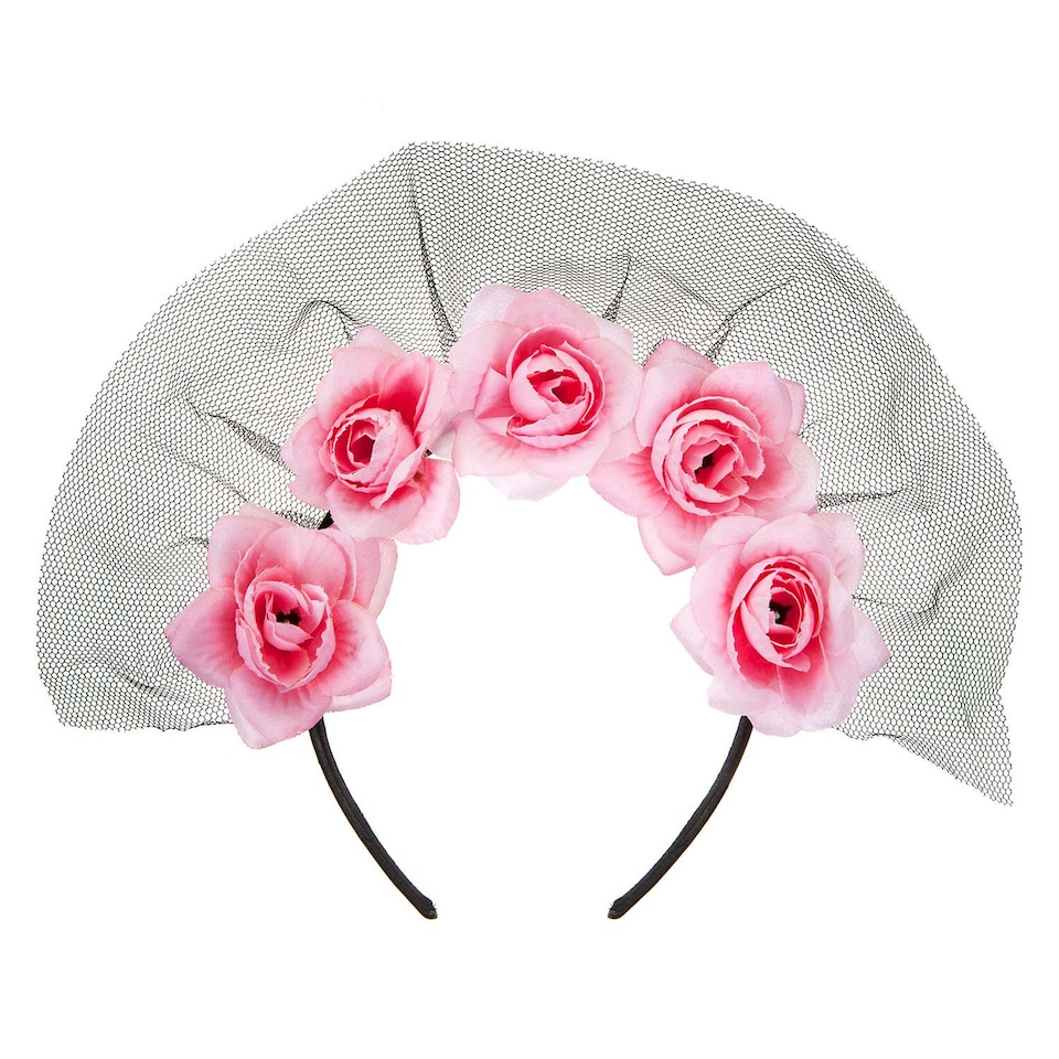 image 1 of vfm-estore Halloween Veil Headband 5 Roses Design, Pink - Party Costume Accessory