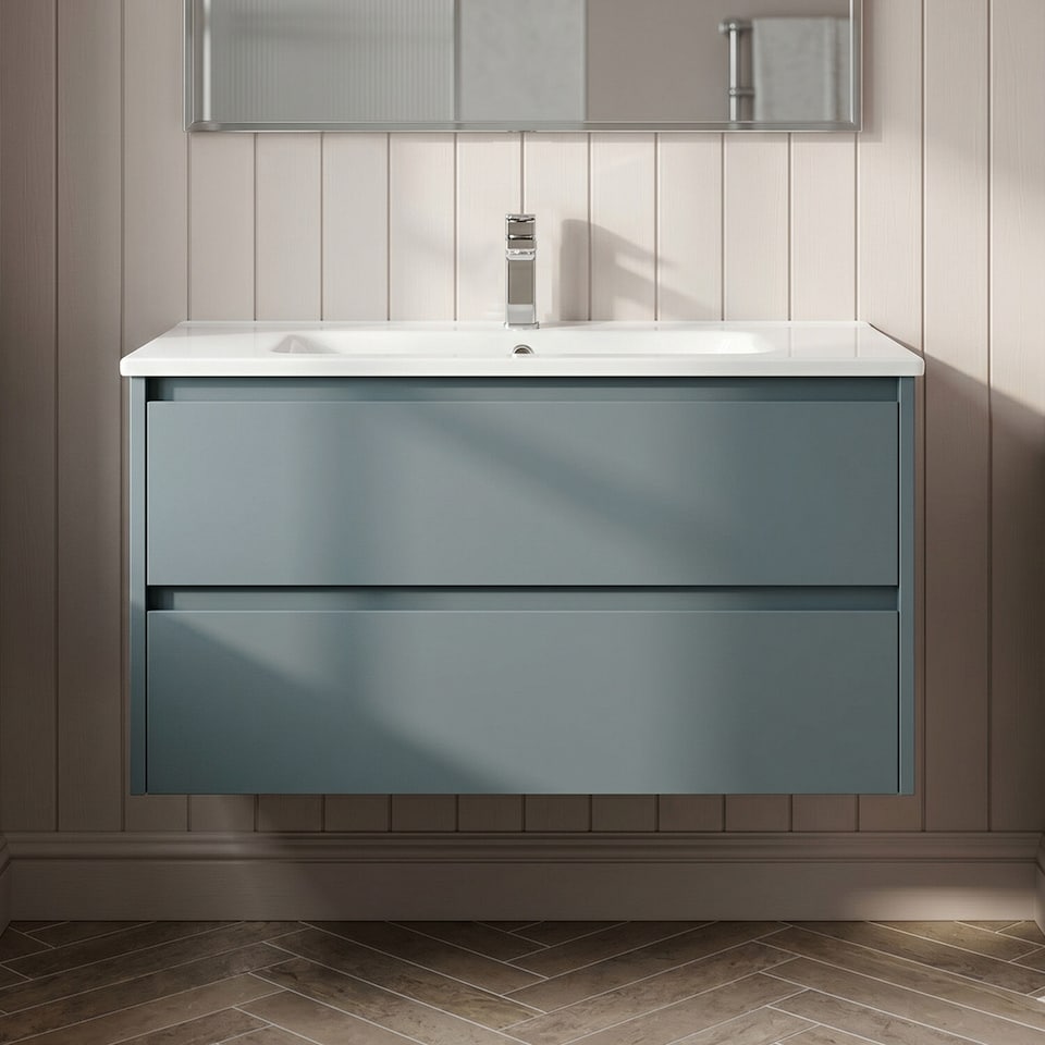 image 1 of Balterley Chartley Contemporary 2 Drawer Wall Hung Vanity Unit with Minimalist Basin, Coastal Grey, 800mm