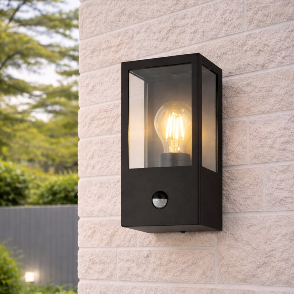 image 1 of CGC Lighting Dave PIR Black Stainless Steel Outdoor Wall Lantern E27 IP54 - Motion Sensor