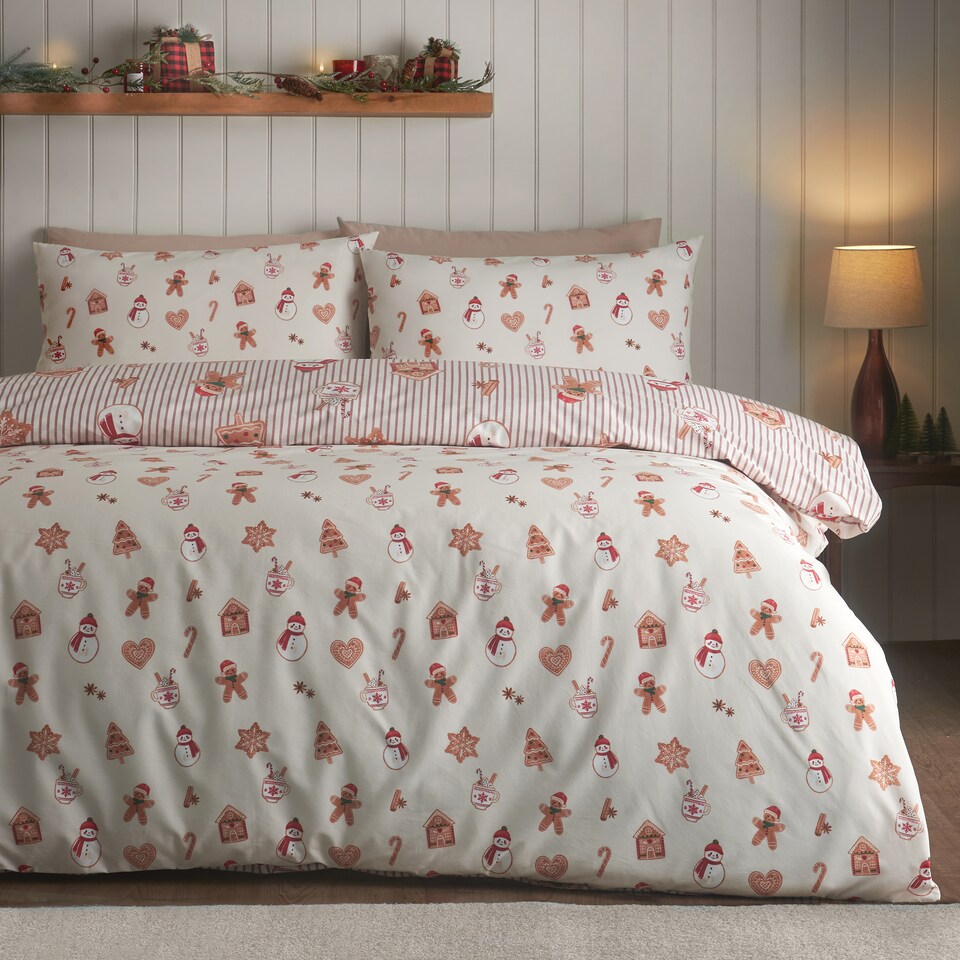image 1 of Catherine Lansfield Christmas Gingerbread Stripe Reversible Duvet Cover Set