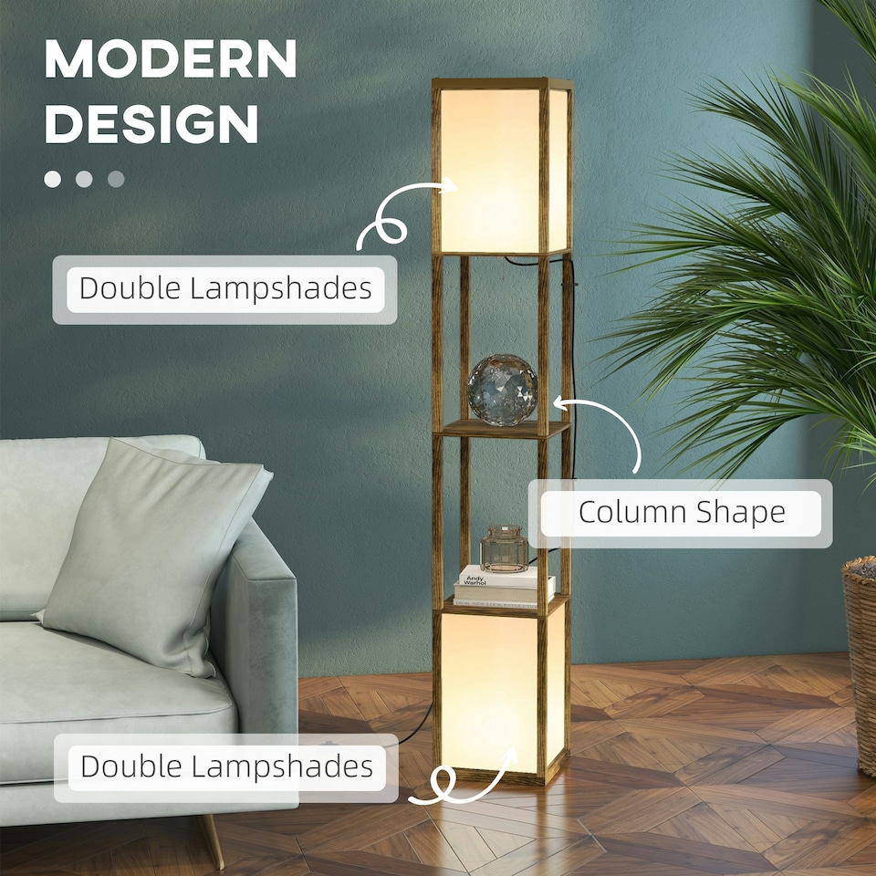 image 1 of HOMCOM Shelf Floor Lamp with Dual Light, for Living Room, Bedroom, Brown