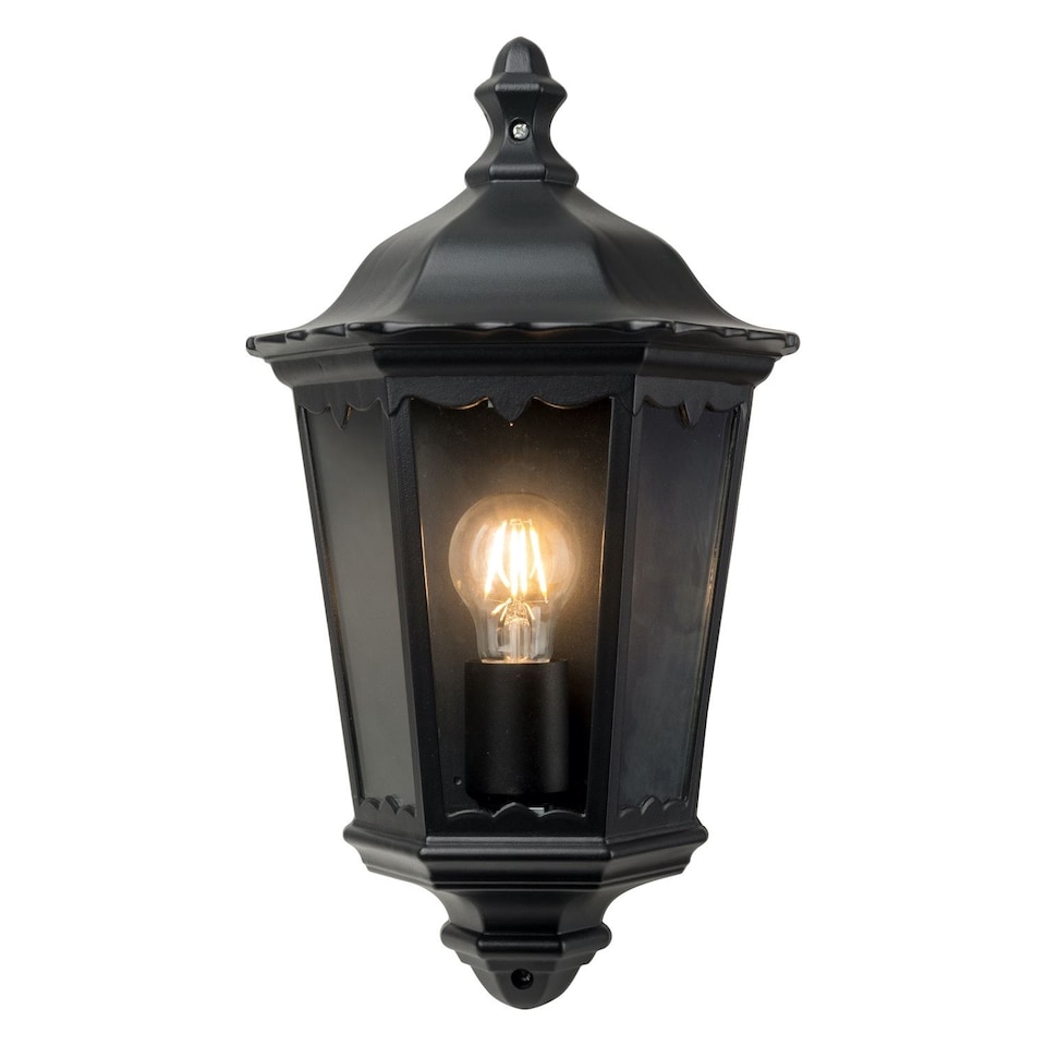 image 1 of Sienna - Black with Clear Glass IP44 Outdoor Half Lantern Wall Light | Black | Clear | 1