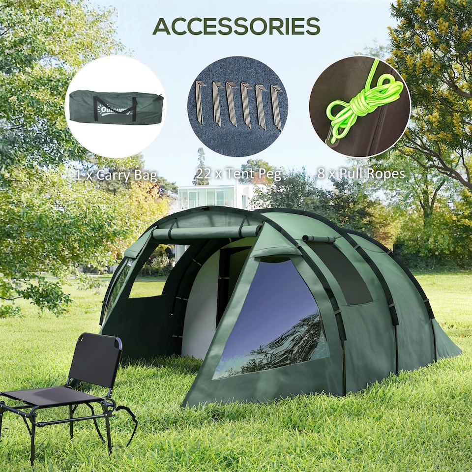 image 1 of Outsunny 3-4 Persons Tunnel Tent, Two Room Camping Tent with Windows, Black