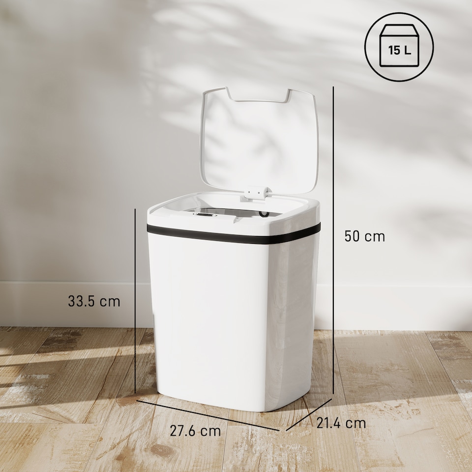 image 1 of HOMCOM 15L Sensor Bin, Automatic Touchless Kitchen Bin with Dual-Mode Opening, Easy Clean, Battery Operated for Home Office, Bedroom, Bathroom, White | White | White