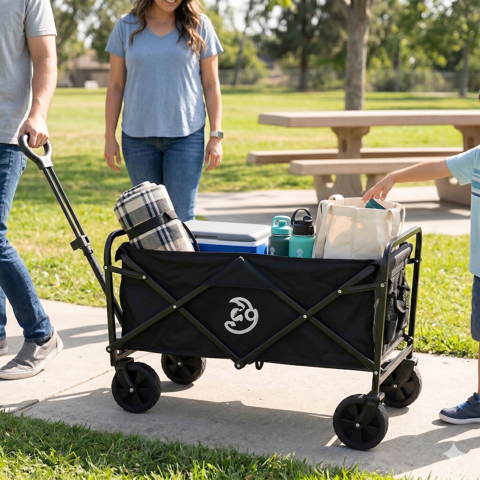 image 1 of Collapsible Heavy Duty Folding Wagon Cart with Adjustable Handle