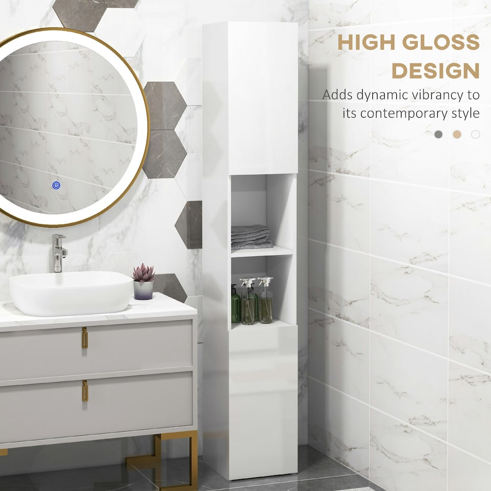 image 1 of kleankin High Gloss Bathroom Floor Cabinet Storage Cupboard with Doors