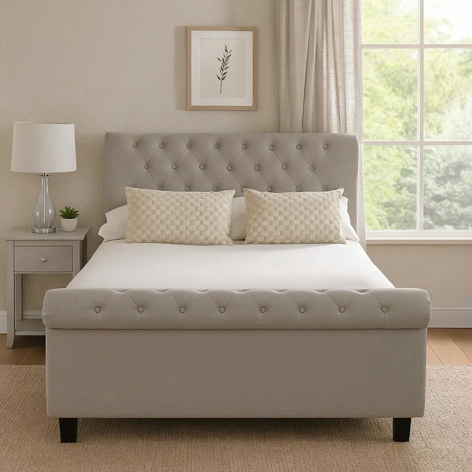 image 1 of Interiors By Premier Contemporary Light Grey Double Ottoman Bed, Elegant Diamond Patterned Bedroom Bed, Ottoman Stud Detailed Bed