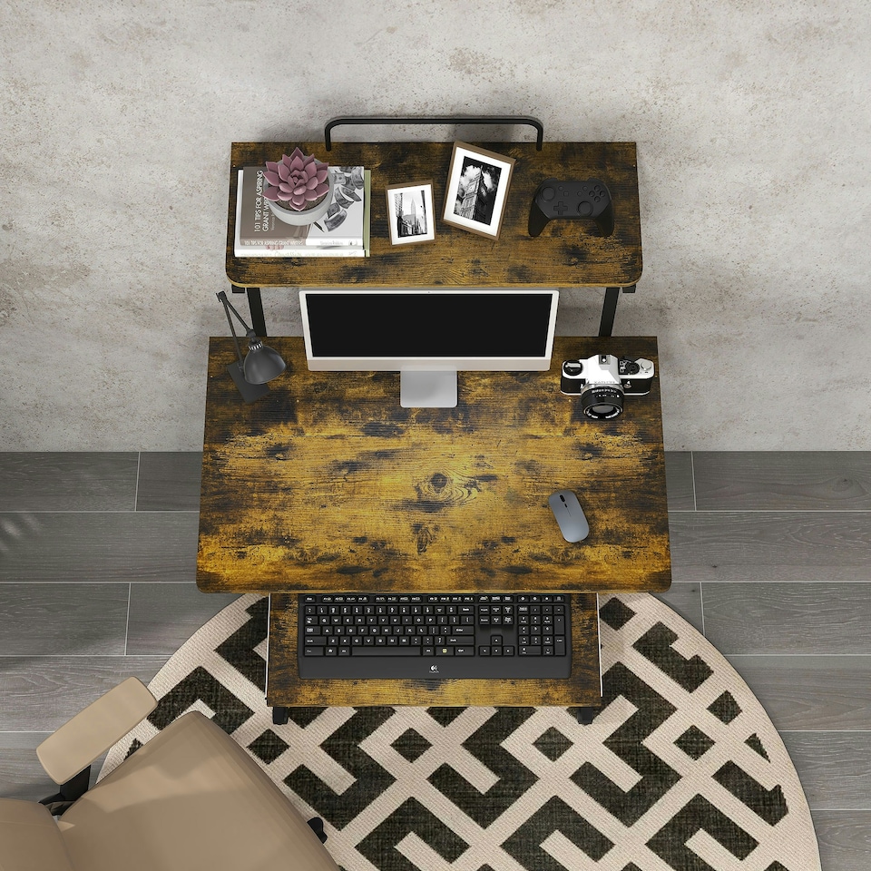image 1 of HOMCOM Rolling Computer Desk with Keyboard Tray Storage Shelves Rustic Brown
