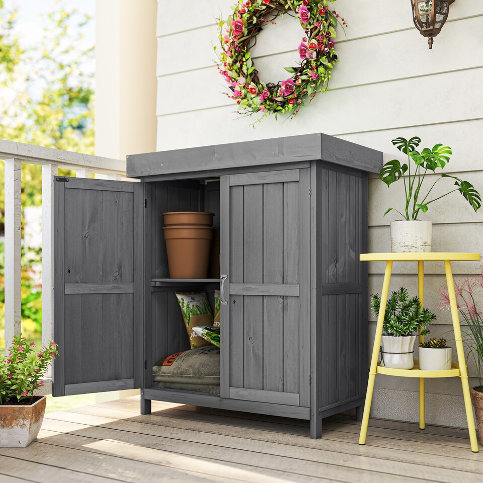 image 1 of Outsunny Small Shed, Wooden Garden Shed with Openable Hinged Roof and Removable Shelf, Outdoor Tool Storage Cabinet Chest with Double Doors, 74 x 43 x 88 cm, Grey