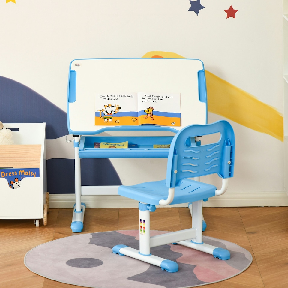 image 1 of HOMCOM Kids Desk and Chair Set Adjustable Tiltable with Drawer Pen Slot Hook Blue
