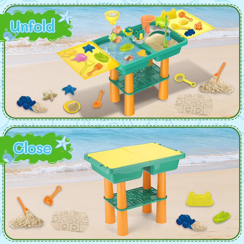 image 1 of Kids 3-in-1 Water & Sand Activity Table with Fishing Game, Molds, Tools & Foldable Portable Design - Outdoor Sensory Play Set (turquoise colour)