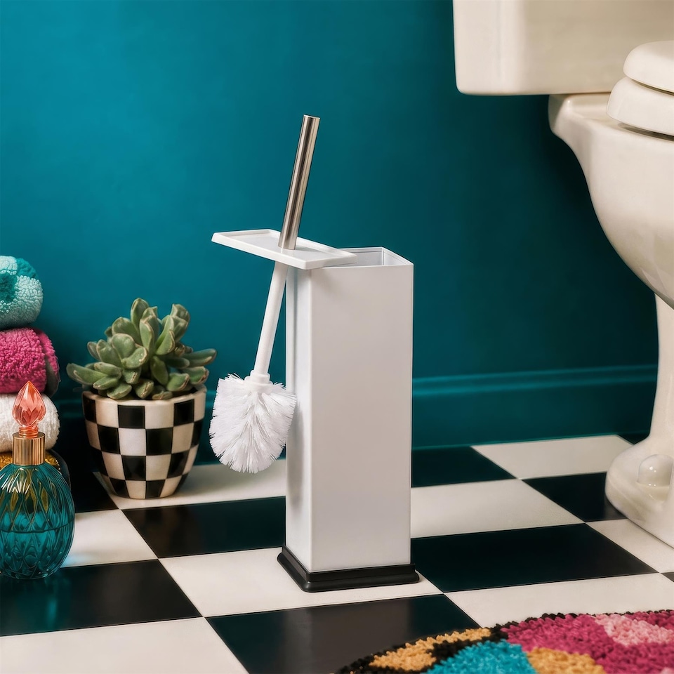 image 1 of Harbour Housewares White Toilet Brush and Holder - Square Brush with Non Slip Base Rust Resistant Toilet Cleaning Brush Set