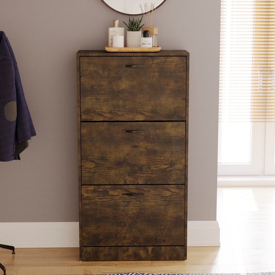 image 1 of Vida Designs 3 Drawer Shoe Cabinet Shoe Rack Storage Cupboard, Dark Wood