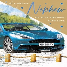 Words 'n' Wishes Special Nephew Birthday Card, Blue Car and Stars with Embossed Foil Finish