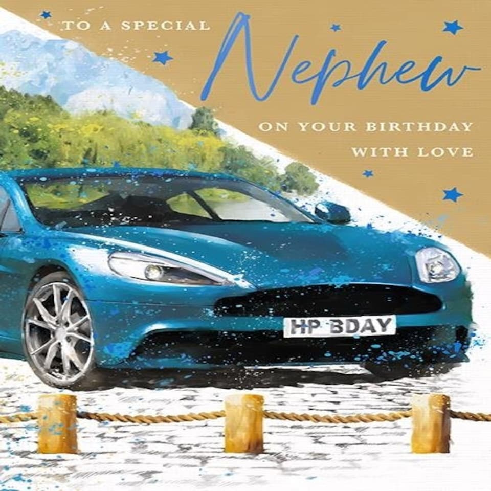 Words 'n' Wishes Special Nephew Birthday Card, Blue Car and Stars with Embossed Foil Finish