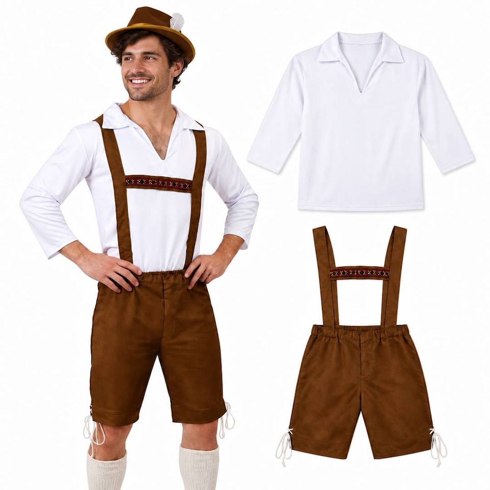 image 1 of Mens Oktoberfest Bavarian Costume Brown Lederhosen Beer Festival German Fancy Dress Outfit