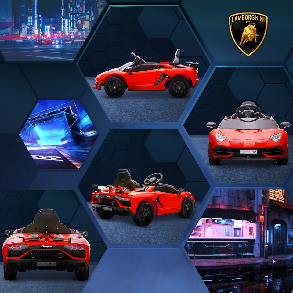 image 1 of HOMCOM Electric Car for Kids Lamborghini Aventador Licensed with Remote Control, 12V Powered Kids' Electric Ride-on with Butterfly Doors, Auxiliary wheels, Music, Horn, Suspension - Red