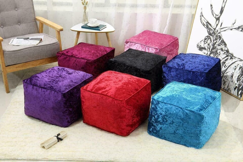 image 1 of Blue Crushed Velvet Bean Bag Pouffe Foot Rest