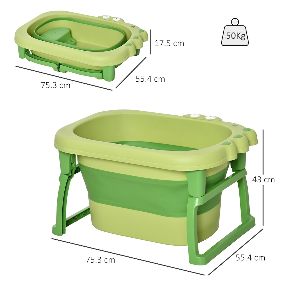 image 1 of HOMCOM Foldable Baby Bathtub for Newborns Infants Toddlers w Stool - Green