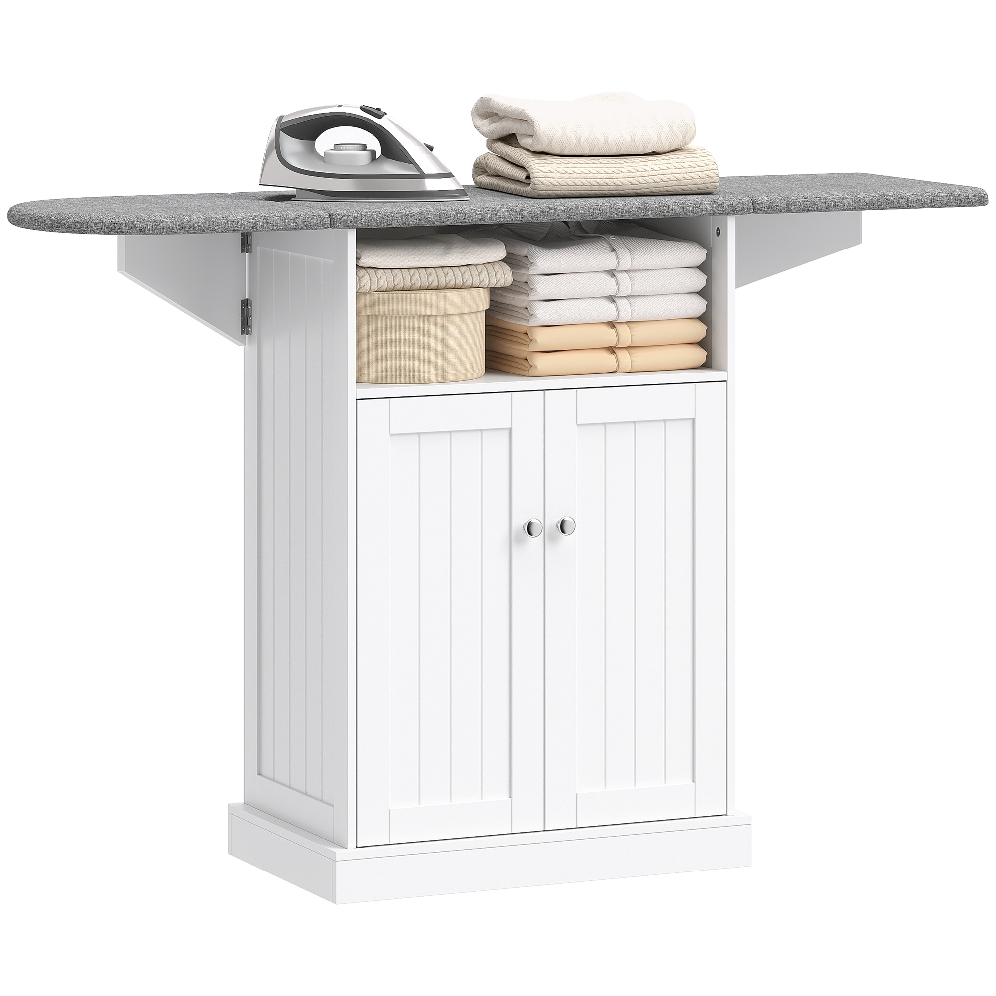 Homcom Ironing Board Cabinet On Wheels With Foldable Top, White, White