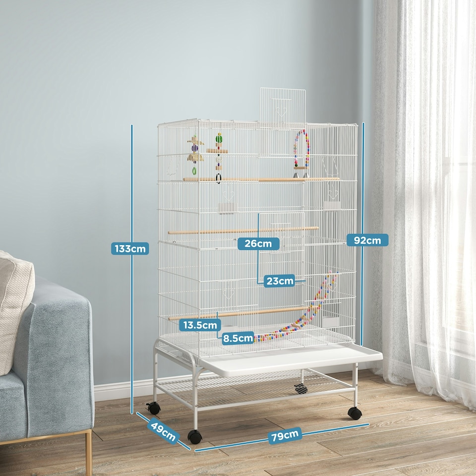 image 1 of PawHut Bird Cage with Stand, Wheels, Toys, for Budgies, Finches, White
