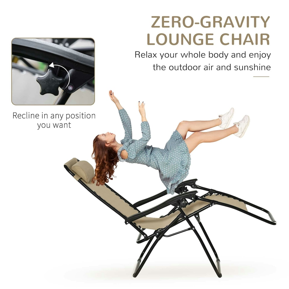 image 1 of Outsunny 3PC Zero Gravity Chairs Sun Lounger Table Set Beige
