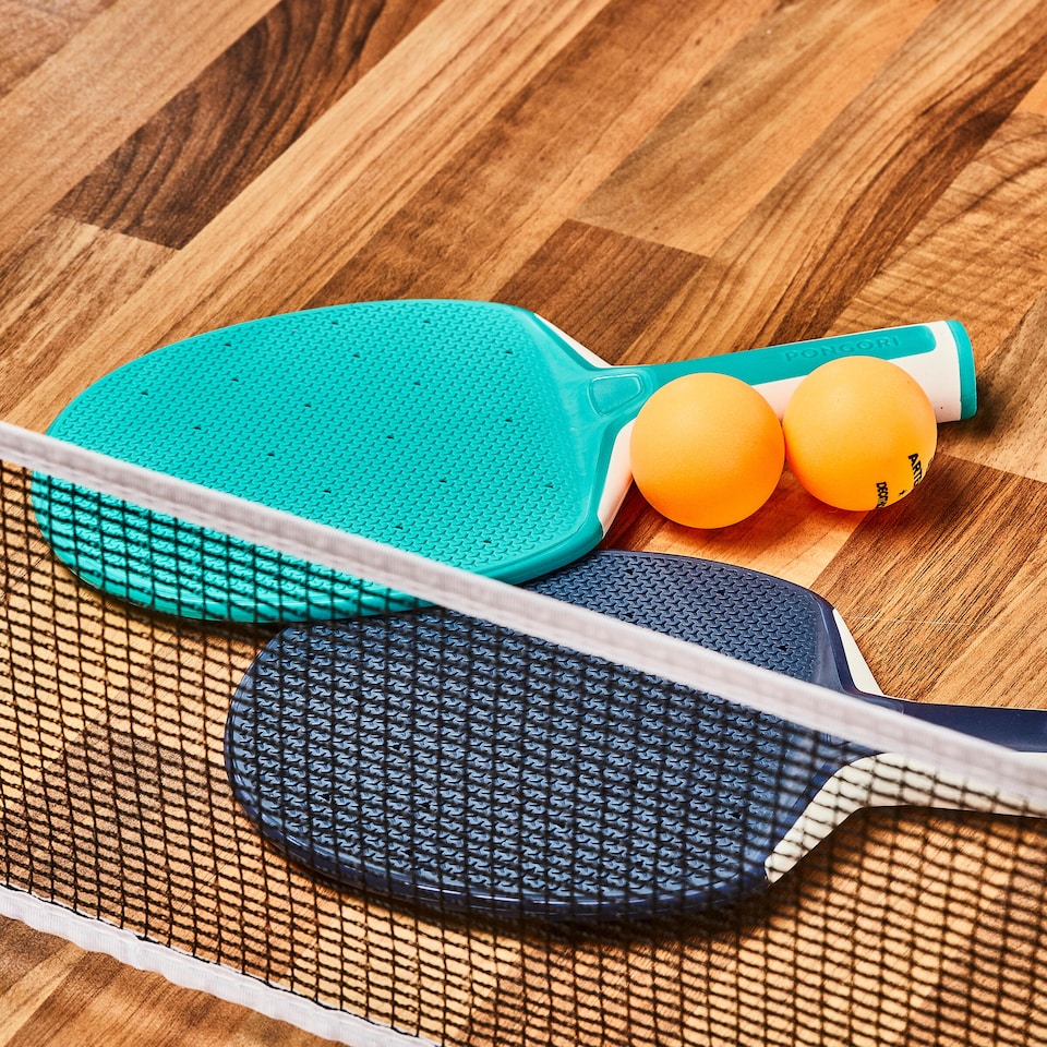 image 1 of Decathlon Table Tennis Set with Posts, Adjustable Rollnet, 2 Bats and 2 Balls - White/Grey